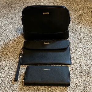 Elegant Black Handbag, Clutch, and Wallet Set